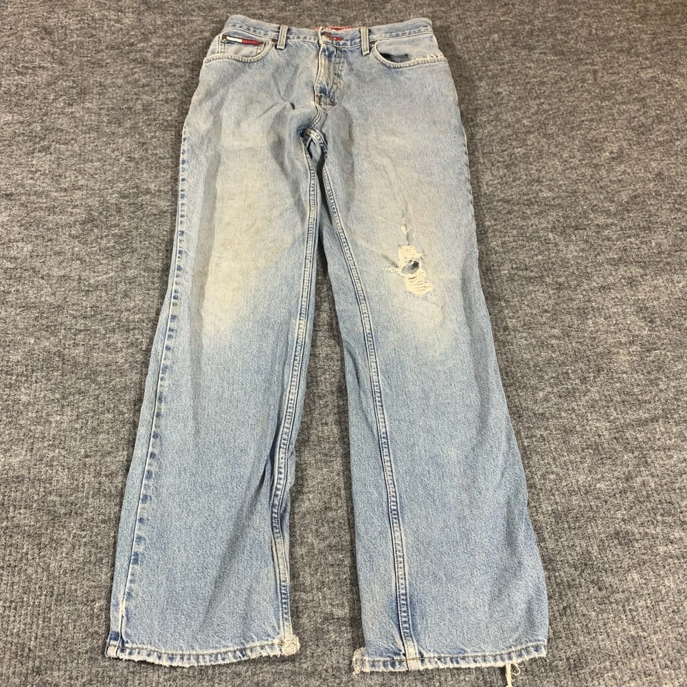 VTG Tommy Hilfiger Jeans Mens 32 Fits 30x32 Y2K Blue Denim Baggy Distressed Fade